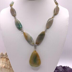 Green Rust Brown Grey Agate Stone Bead Vintage 28" Necklace  J868